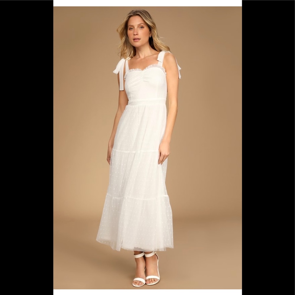 🤍 Lulus Just Your Darling White Tie-Strap Swiss Dot MIDI Dress 🤍